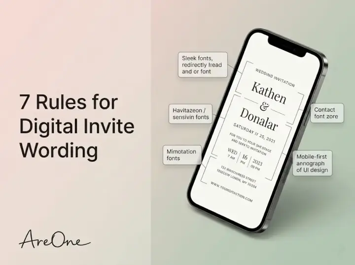 Digital wedding invitation wording guide and essential tips displayed next to a modern smartphone mockup.