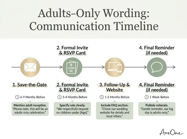 Timeline for sending adults-only wedding wording on save-the-dates and formal invitations.
