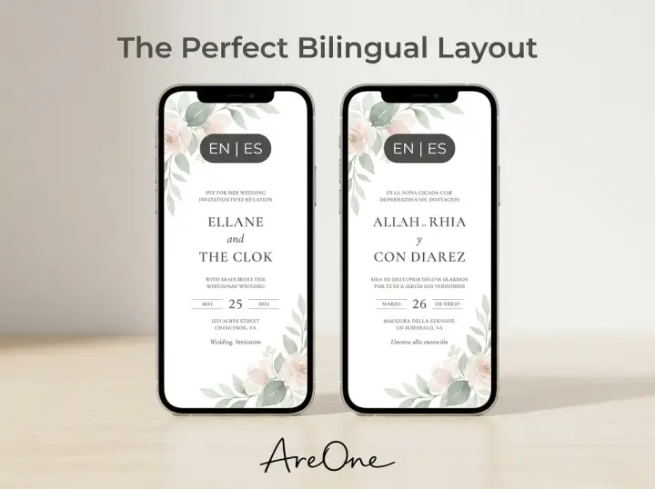 Smartphone mockup displaying a clean bilingual wedding invitation with an English to Spanish language toggle and soft floral aesthetics.