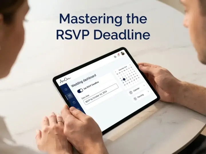 A couple happily reviewing their RSVP deadline wording on their AreOne dashboard.