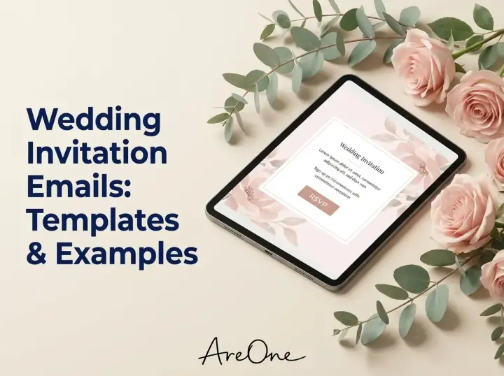 A digital tablet displaying an elegant wedding invitation email surrounded by soft floral arrangements.