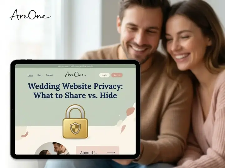 Couple in the background looking at a tablet displaying a secure, password-protected wedding website invitation with a privacy lock icon.
