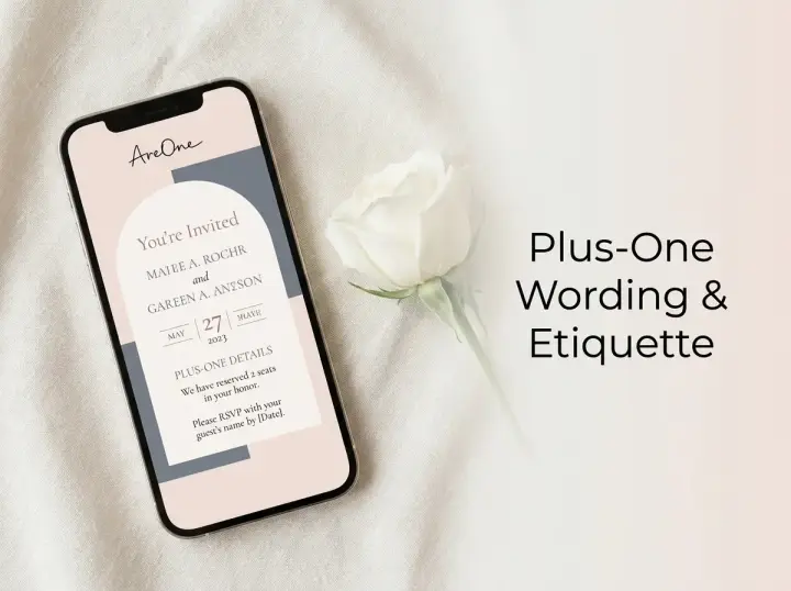 A smartphone displaying a digital wedding invitation with clear plus-one etiquette wording.