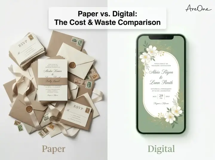 A split-screen graphic showing an elegant digital wedding invitation on a smartphone screen next to fresh eucalyptus leaves, representing eco-friendly wedding invites.
