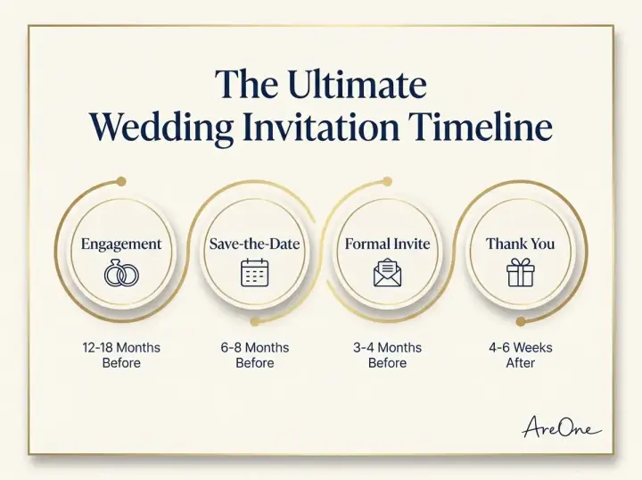 A complete wedding invitation timeline showing the timeline from save-the-dates to formal invitations and thank-you notes.