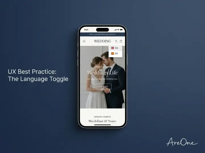 A mobile phone displaying a multilingual wedding website with an active language selection toggle menu.