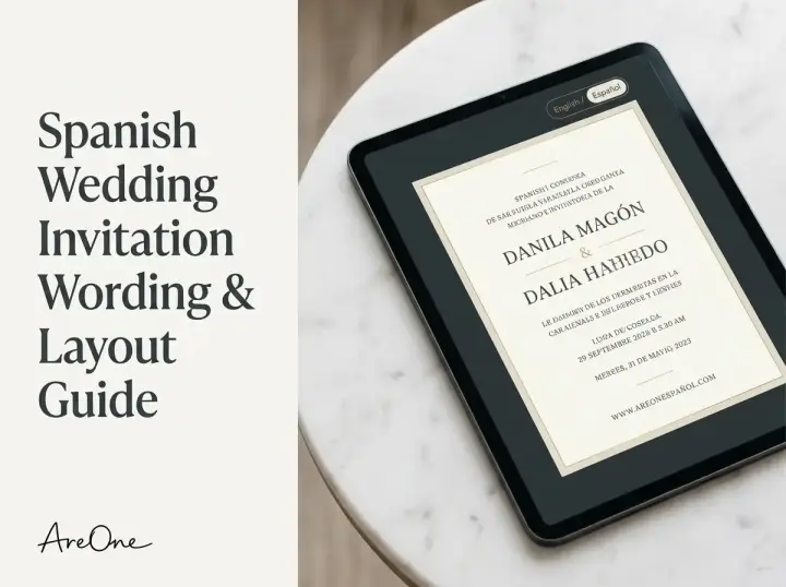 Digital tablet displaying a modern Spanish wedding invitation with a bilingual language toggle switch for perfect UX.