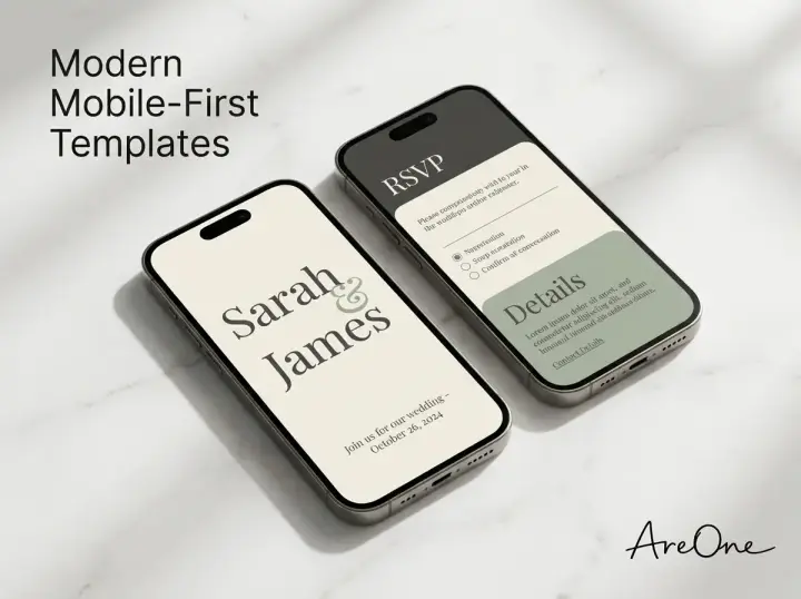 Minimalist wedding invitations showcasing a sleek, modern smartphone layout with dynamic typography.