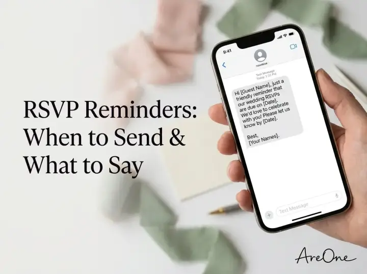 A smartphone screen displaying a polite wedding RSVP reminder text message to guests.