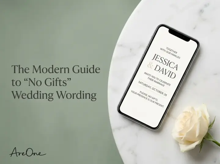 Elegant minimalist no gifts wedding wording displayed on a modern mobile digital invite.