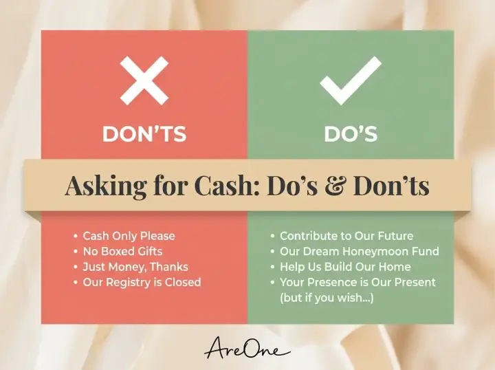 A comparison chart showing the dos and donts of cash gift wording for weddings, highlighting better alternatives to traditional registry mistakes.