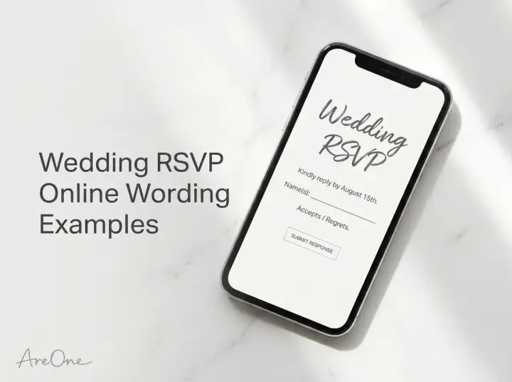 Smartphone mockup displaying elegant wedding RSVP online wording and a digital reply form.