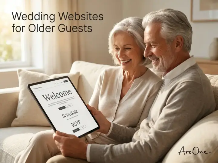Smiling senior couple comfortably using a tablet to view an accessible, high-contrast wedding website.