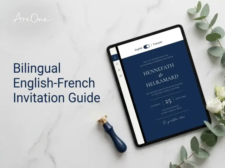 A digital wedding invitation mockup showing a bilingual English and French language toggle.