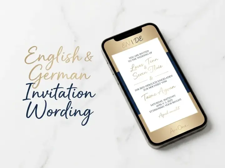 Beautiful bilingual English German wedding invite layout examples displayed on a modern smartphone screen.