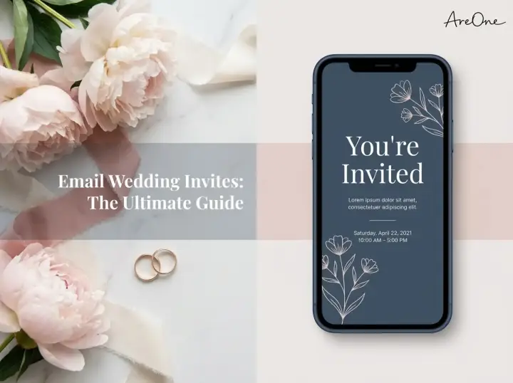 A smartphone displaying a digital email wedding invite surrounded by elegant floral elements