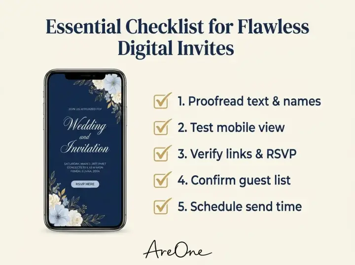A checklist for creating and sending flawless animated wedding invites, detailing proofreading, mobile testing, and link verification.