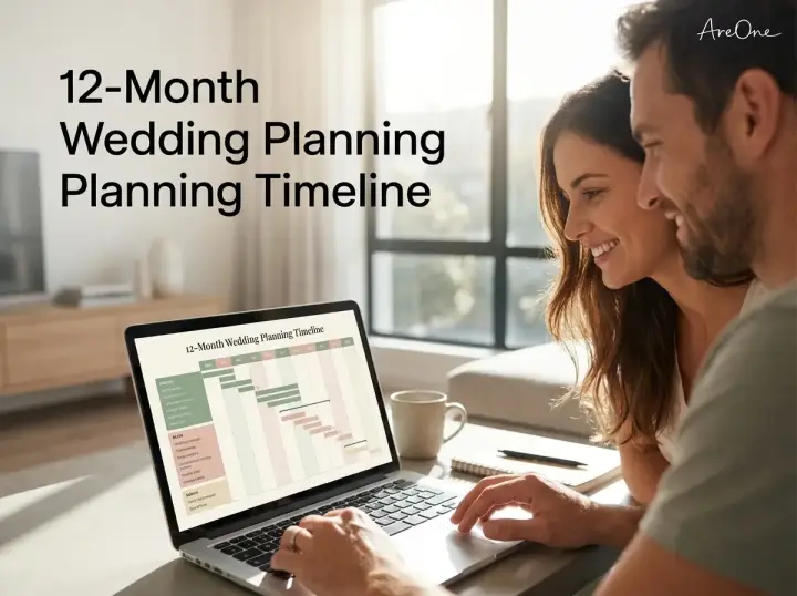 Couple looking at a laptop displaying a stress-free 12-month wedding planning timeline dashboard.