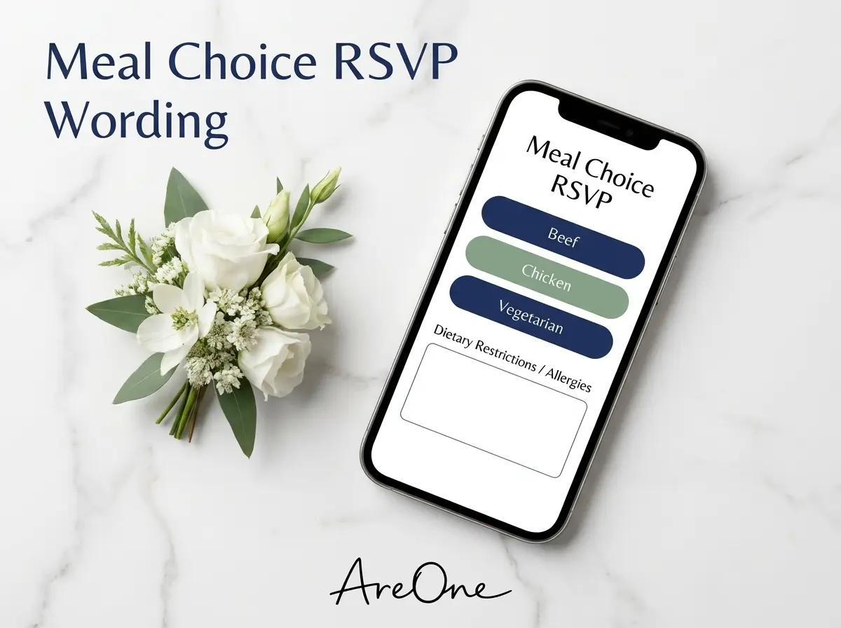 Examples of meal choice RSVP wording ideas displayed on a modern smartphone screen, featuring clear food options and an allergy text box.