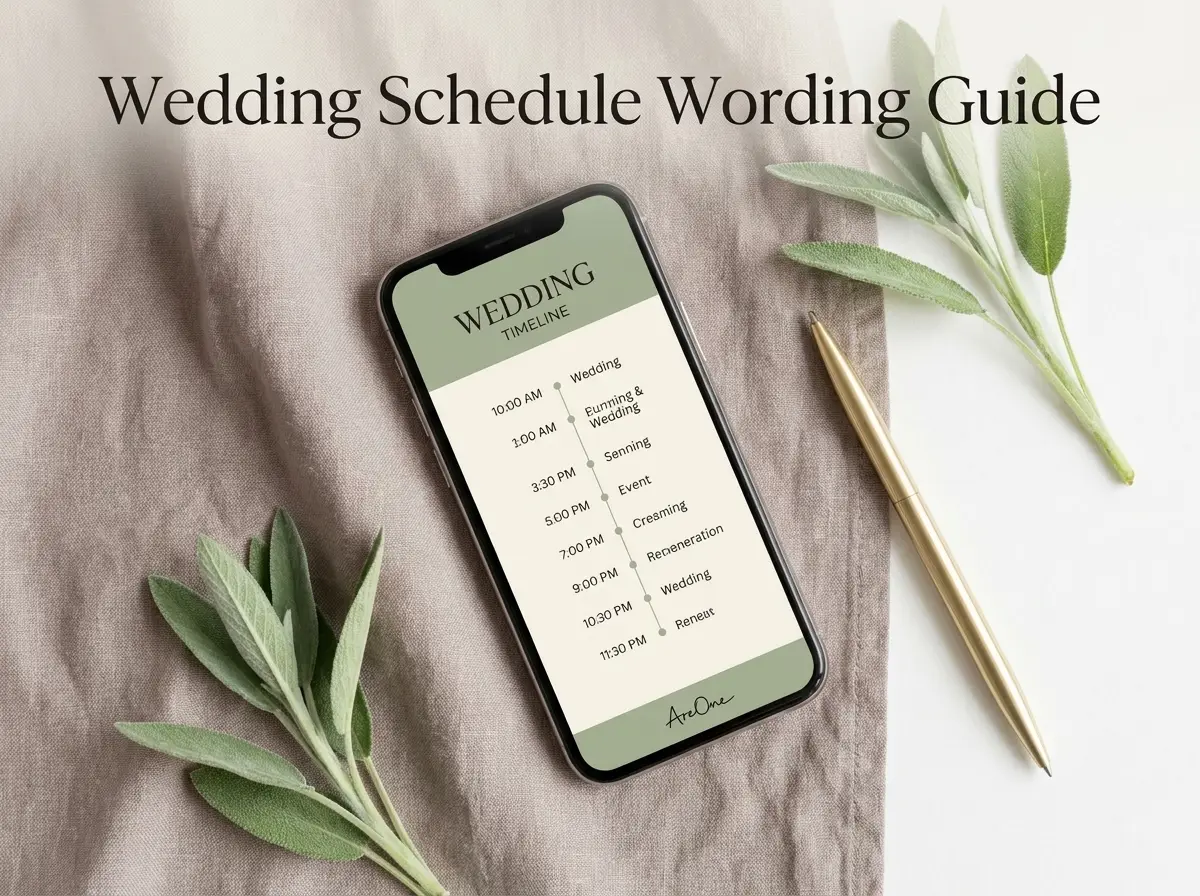 Graphic titled Wedding Schedule Wording Guide with a smartphone wedding schedule.