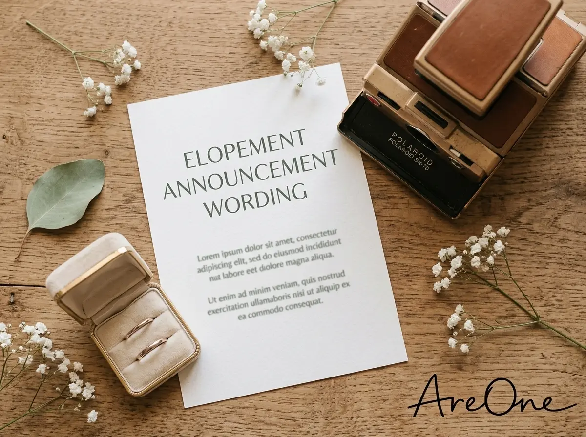 Flat lay of elopement announcement stationery with a camera, luggage, and dried flowers.