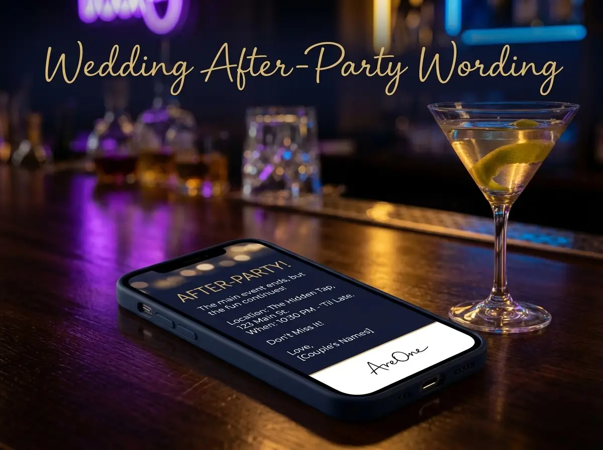 Phone displaying a late-night after-party invitation beside a cocktail at an outdoor party.