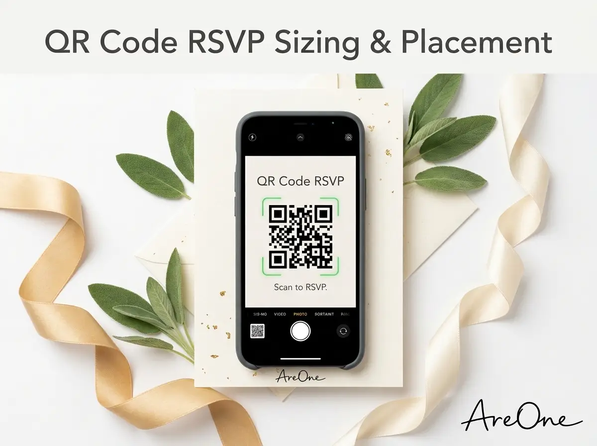 Illustration titled QR Code RSVP Sizing and Placement showing a phone and QR code.