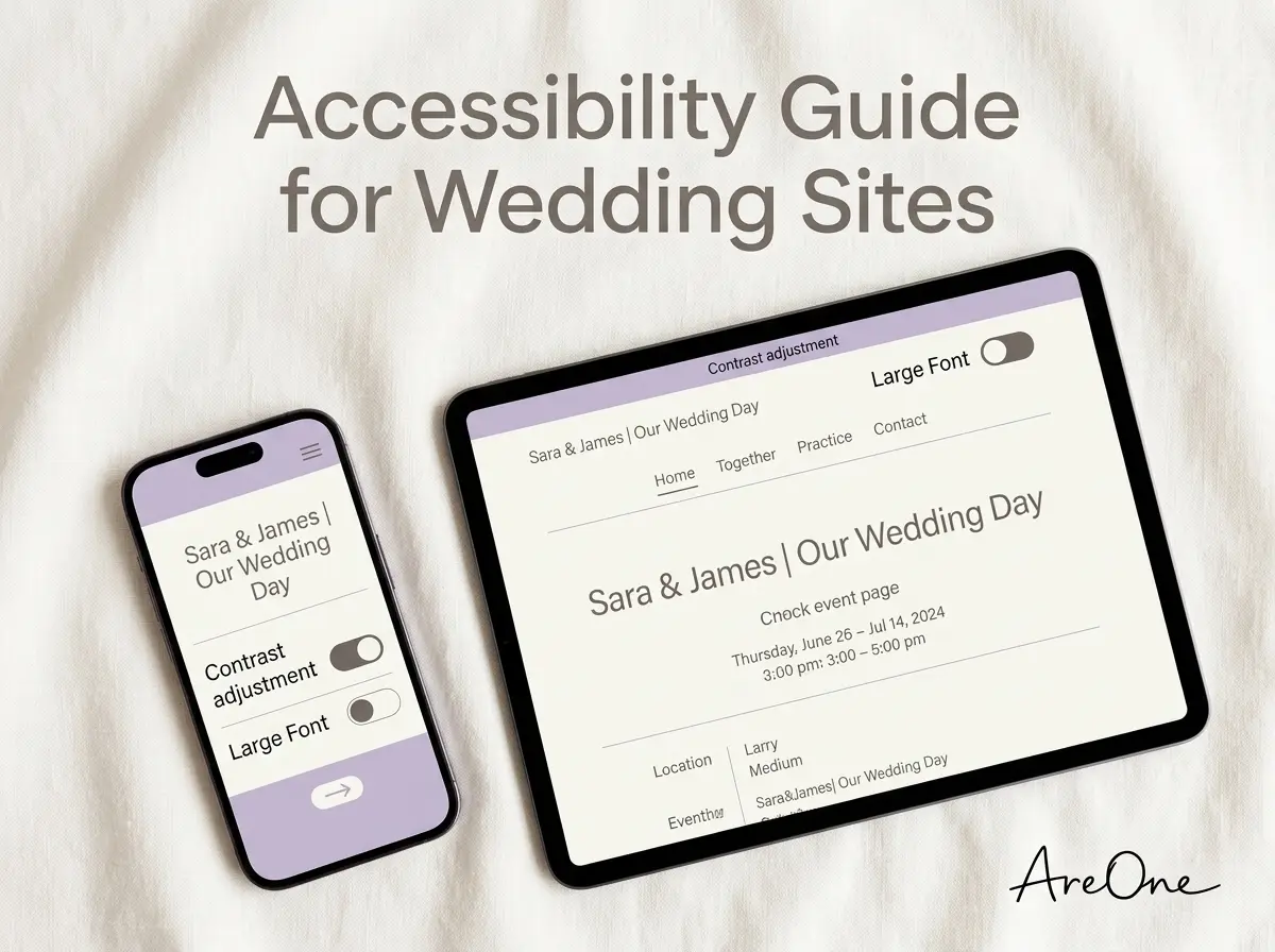 Illustration titled Accessibility Guide for Wedding Sites showing a wedding invitation on a phone and tablet.