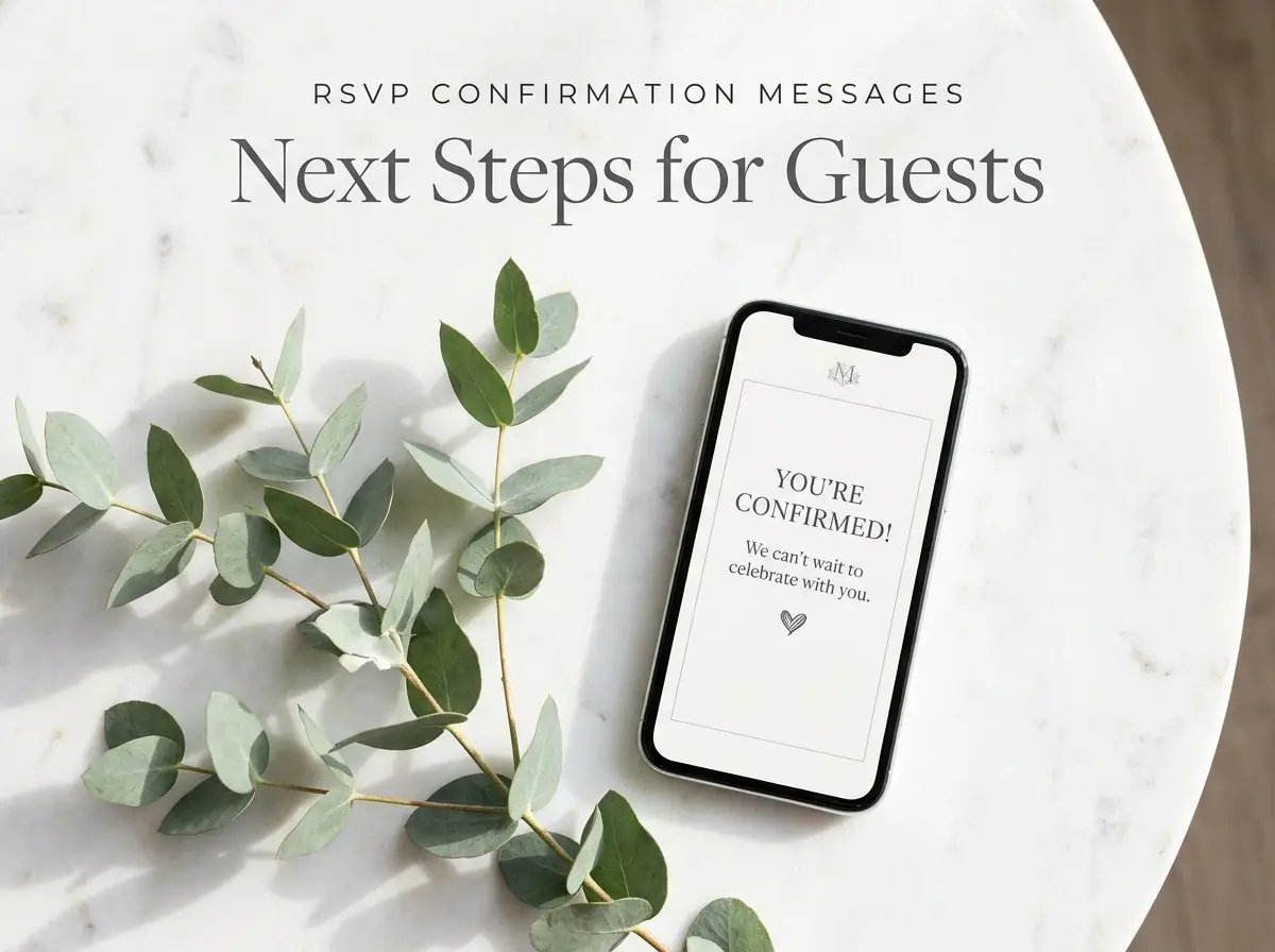 A smartphone on a marble table displaying a wedding RSVP confirmation screen next to fresh eucalyptus.