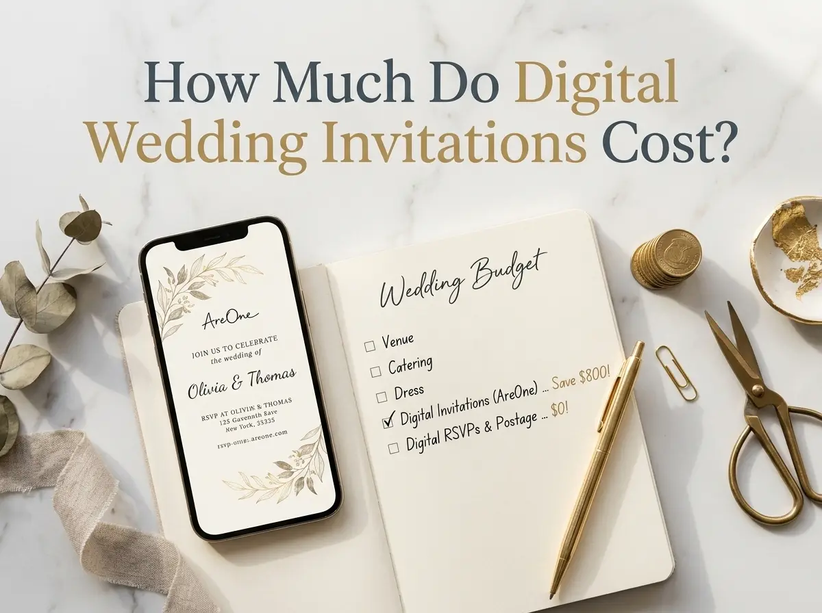 A smartphone showing a digital invitation next to a wedding budget planner showing paperless savings.