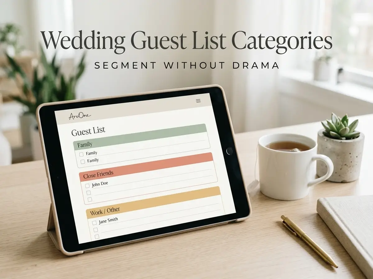 A tablet on a clean desk showing a categorized guest list chart dividing guests into family, friends, and work.