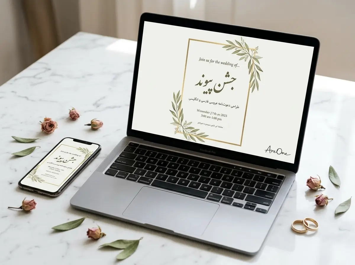 Bilingual Persian and English digital wedding invitation shown on a laptop and a phone