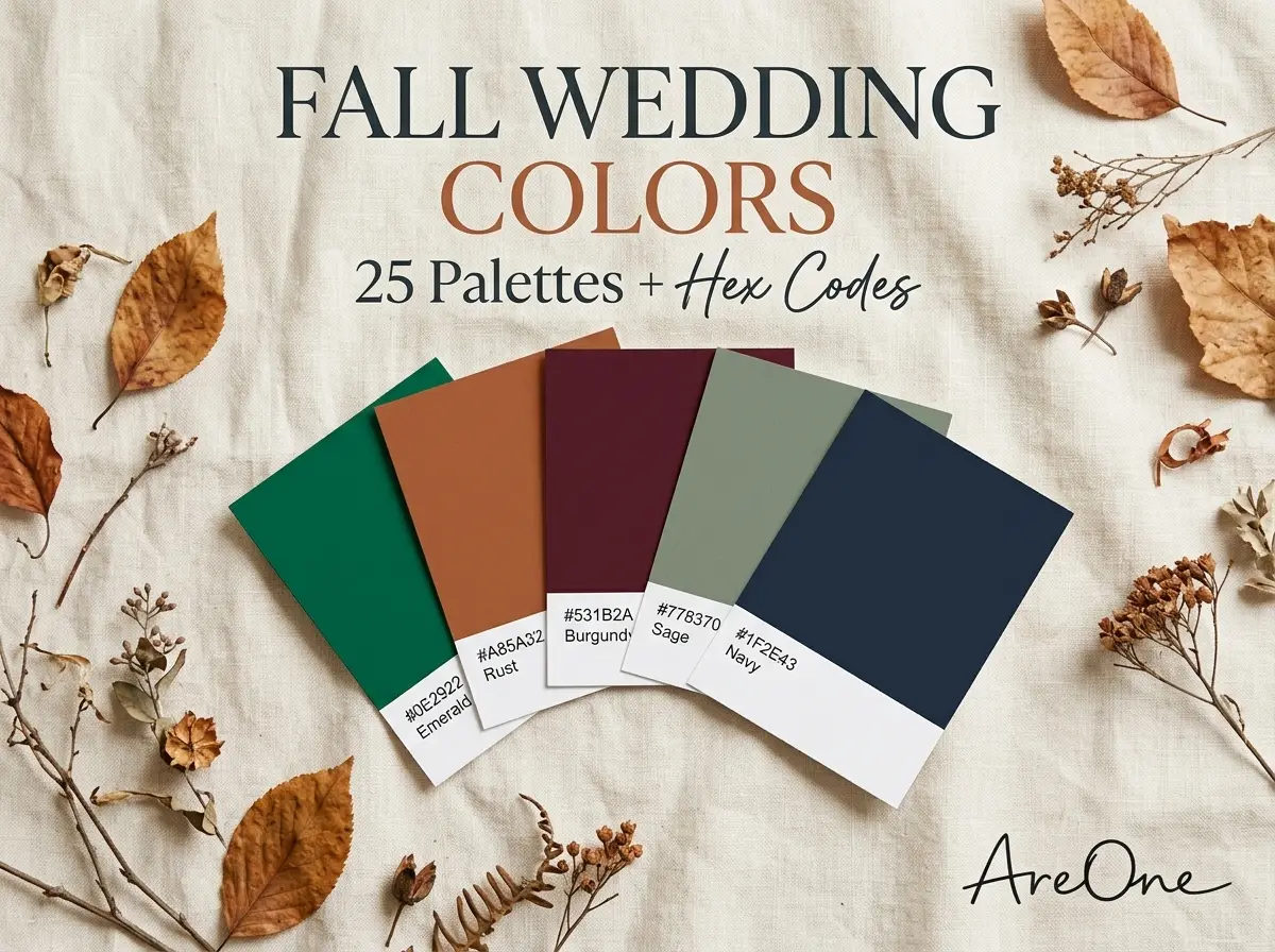 Fan of five fall wedding colors swatch cards in emerald, rust, burgundy, sage and navy with hex codes