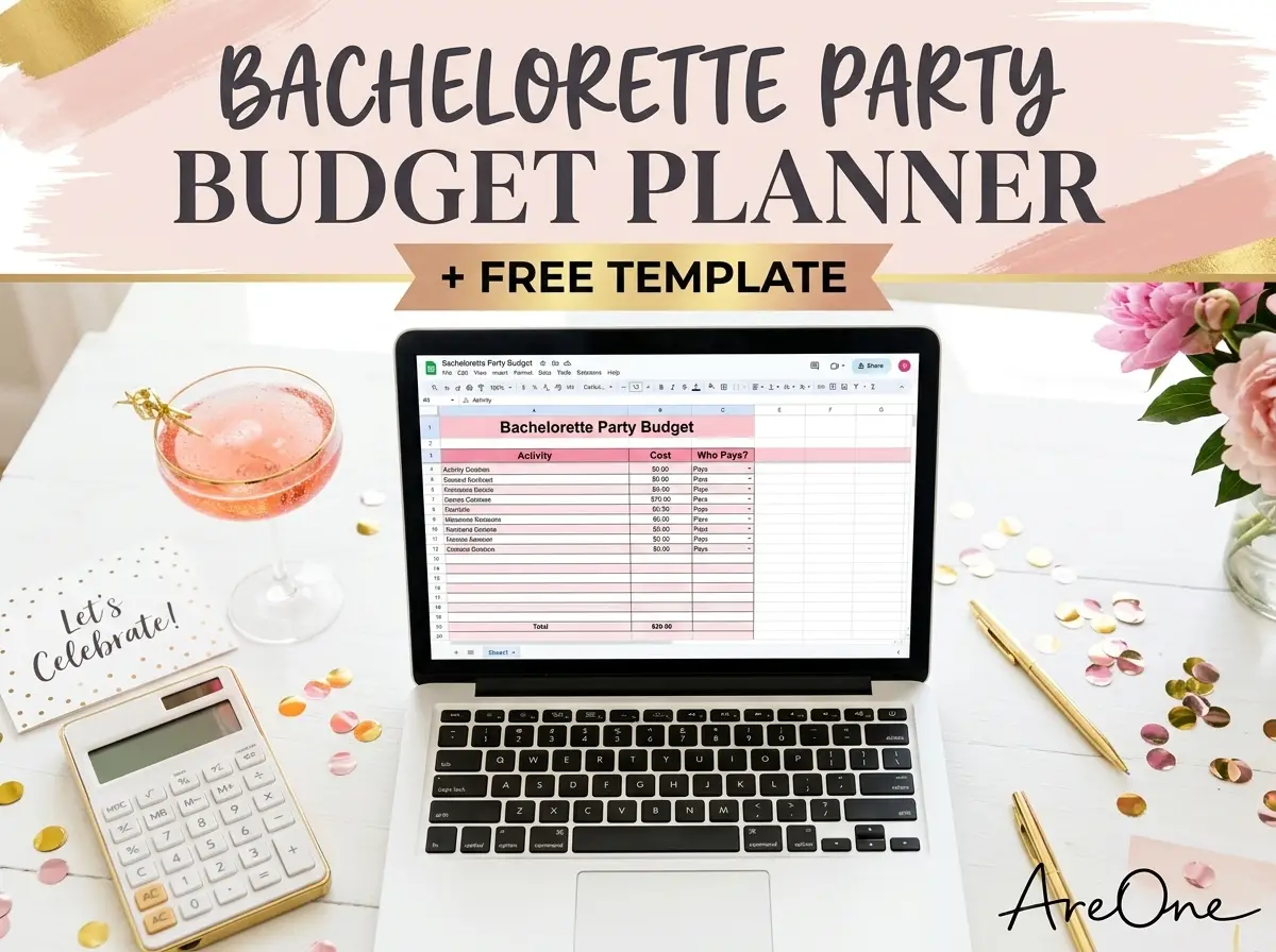 Bachelorette party budget planner spreadsheet on a laptop beside a calculator and a pink cocktail