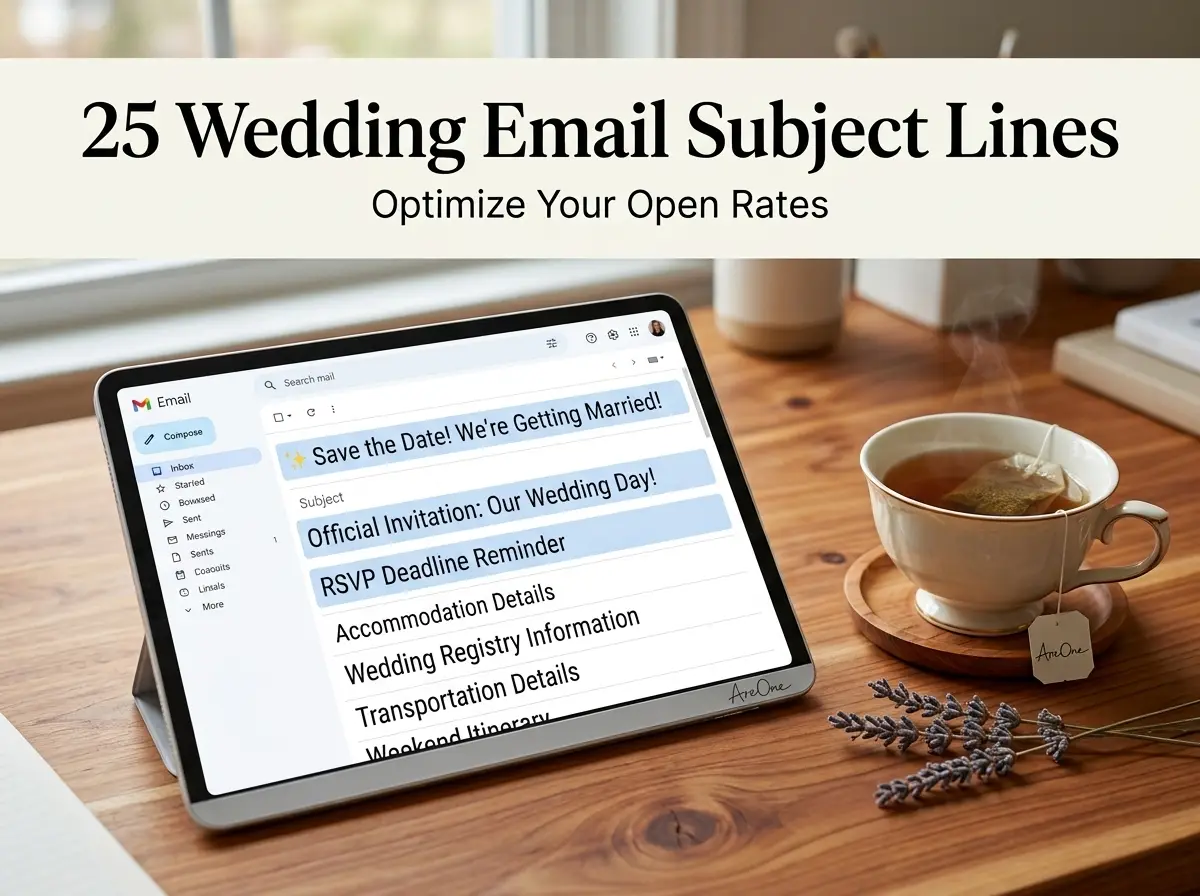 Checklist graphic titled Top Email Subject Lines with wedding invitation email examples.