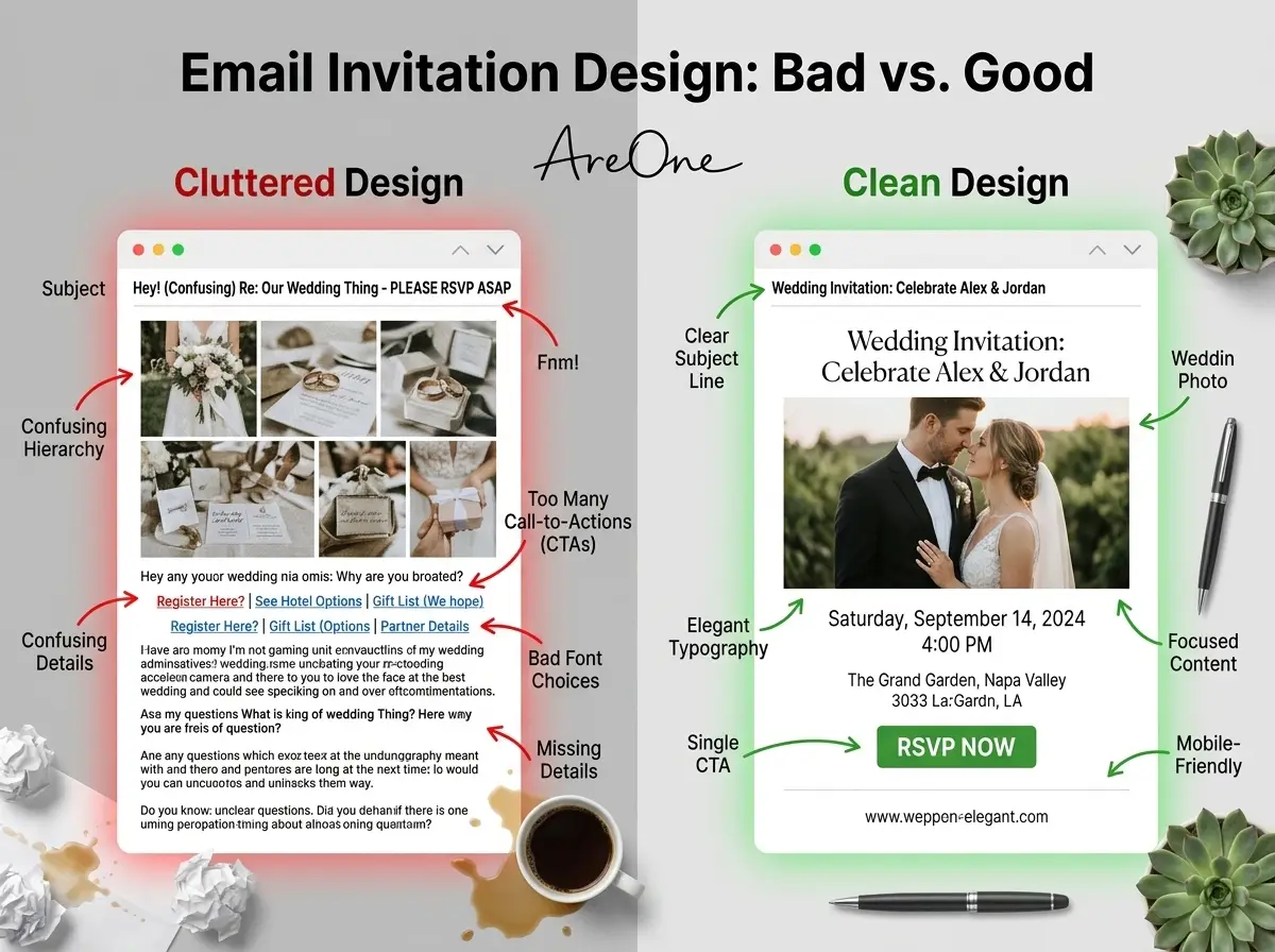 A split screen comparing an excellent email wedding invitation with a poor one.