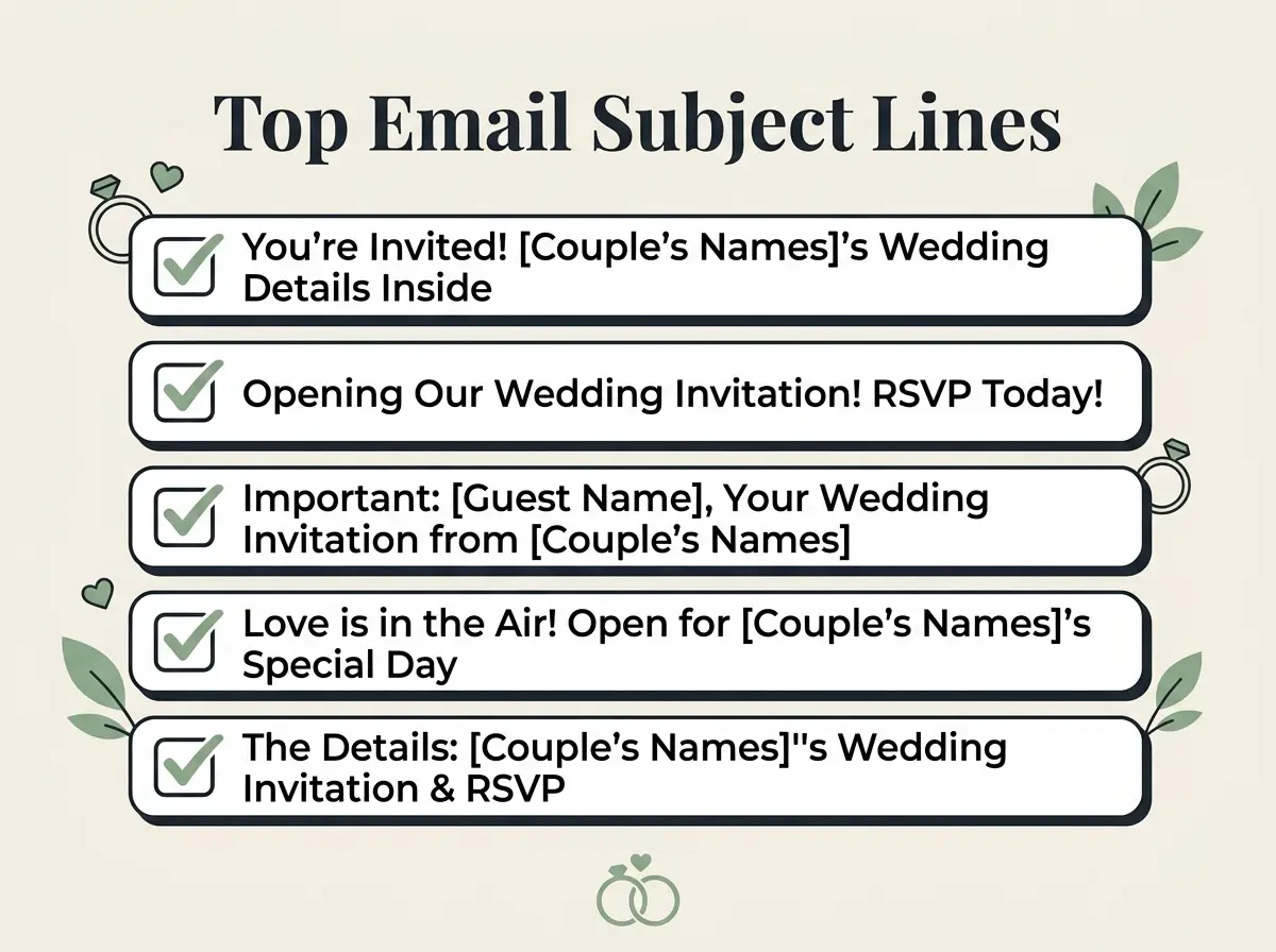 Checklist infographic showing wedding invitation email subject lines.