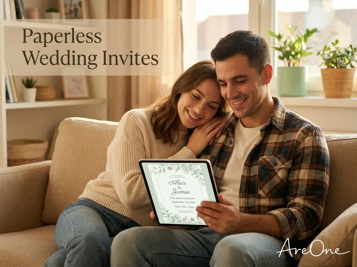 A couple smiling while reading their paperless wedding invitations on a tablet.