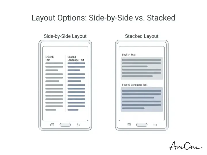 Wireframe comparison showing side-by-side and stacked layout options for bilingual wedding invitations.