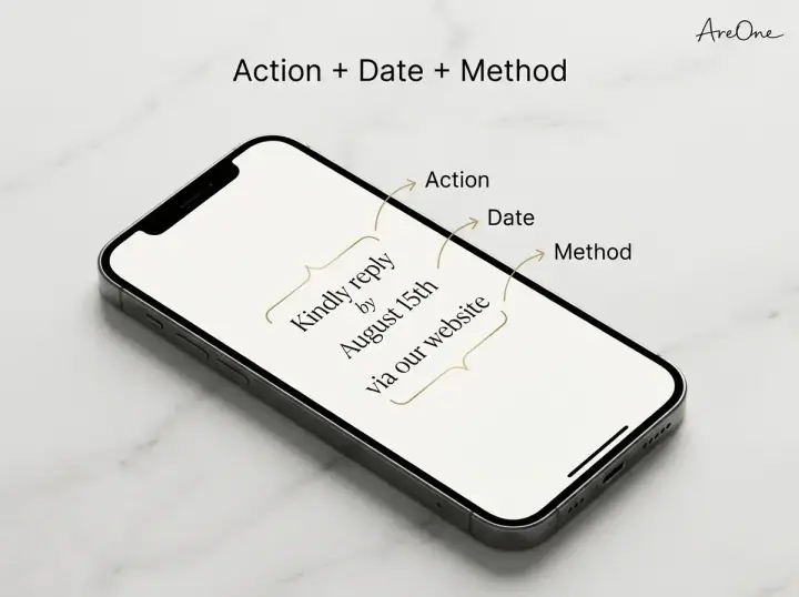 Elegant examples of wedding invitation wording on a smartphone screen broken down by the action, date, and method formula.