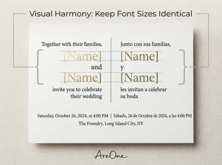 Close up of a beautifully formatted bilingual invite card showing a side-by-side layout with equal font sizes for English and Spanish typography.
