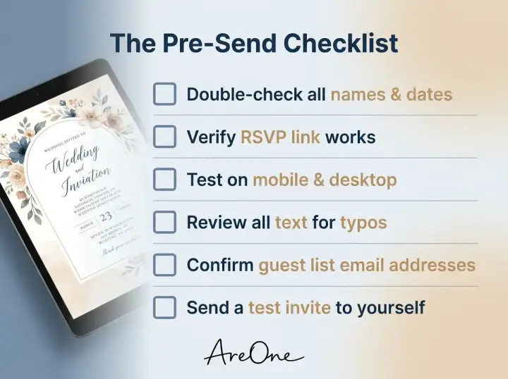 A 6-step pre-send checklist for digital wedding invites ensuring error-free delivery and formatting