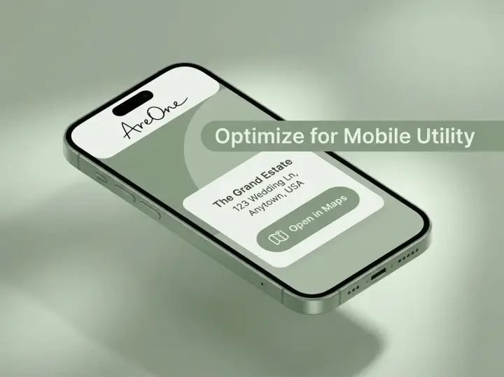A beautiful digital invitation layout on a smartphone screen showing map links and precise location details