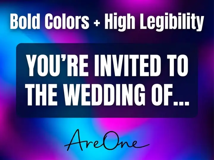 A brightly colored digital wedding invitation with bold typography and a semi-transparent text box for readability