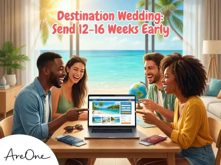 A group of happy friends booking flights on a laptop for a destination wedding, with the text "Destination Wedding: Send 12-16 Weeks Early