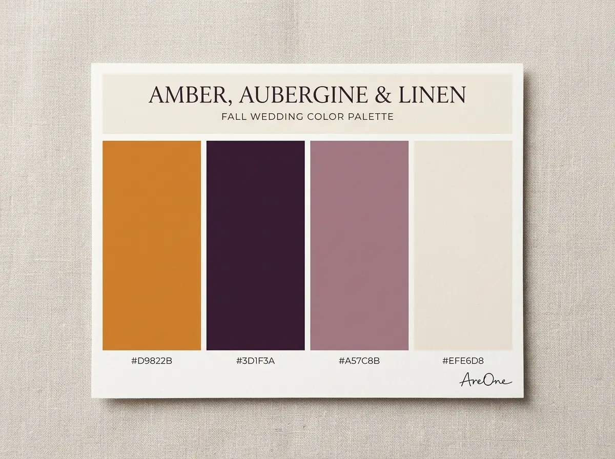 Amber, Aubergine and Linen fall wedding colors palette swatch with hex codes #D9822B #3D1F3A #A57C8B #EFE6D8