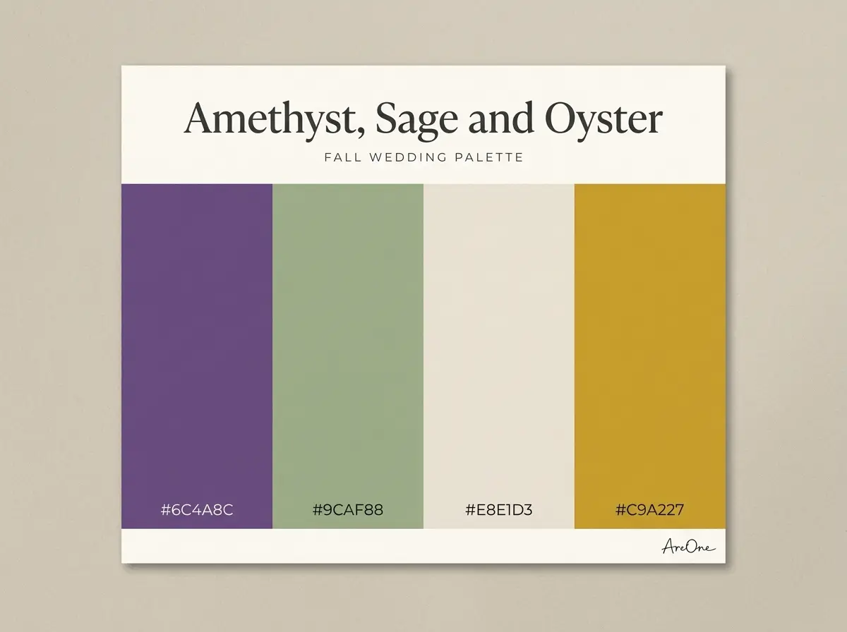 Amethyst, Sage and Oyster fall wedding colors palette swatch with hex codes #6C4A8C #9CAF88 #E8E1D3 #C9A227