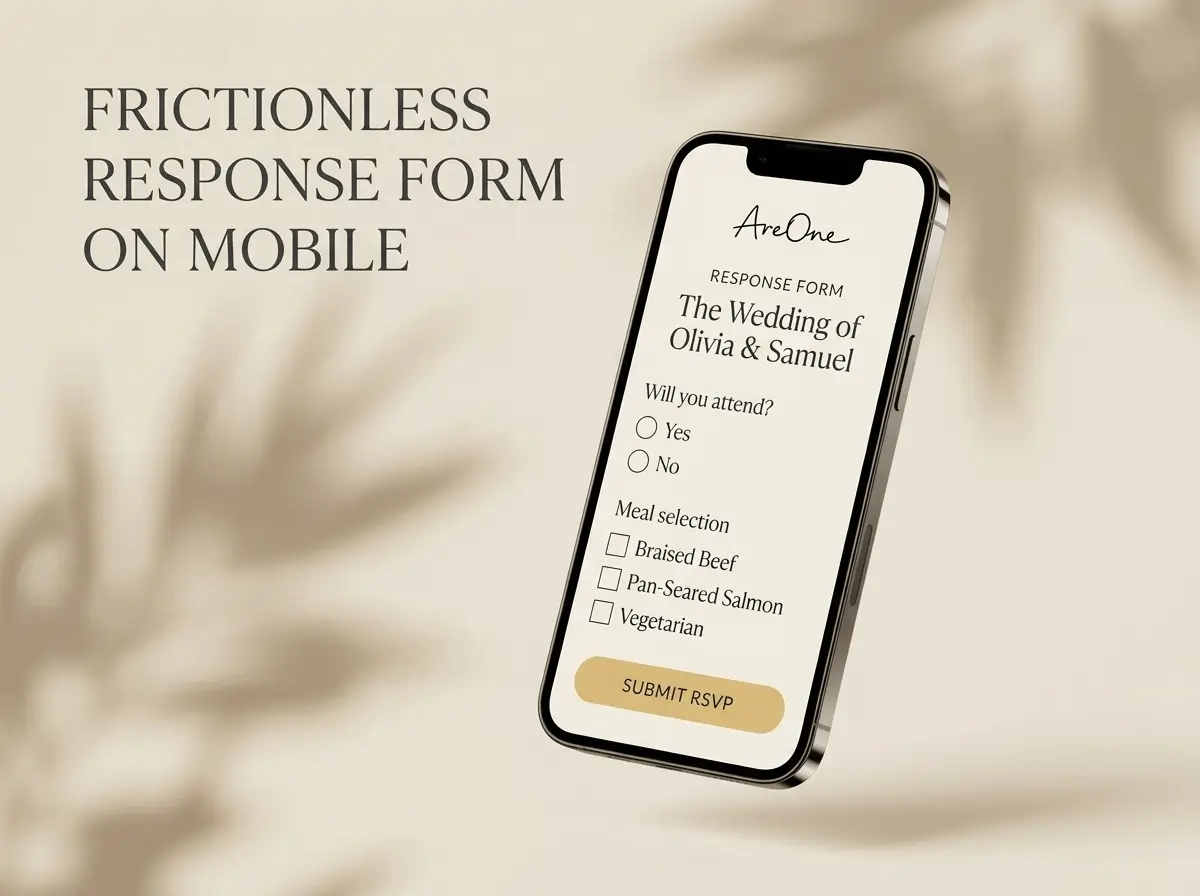A smartphone showing an elegant and easy-to-use digital wedding response form on AreOne.