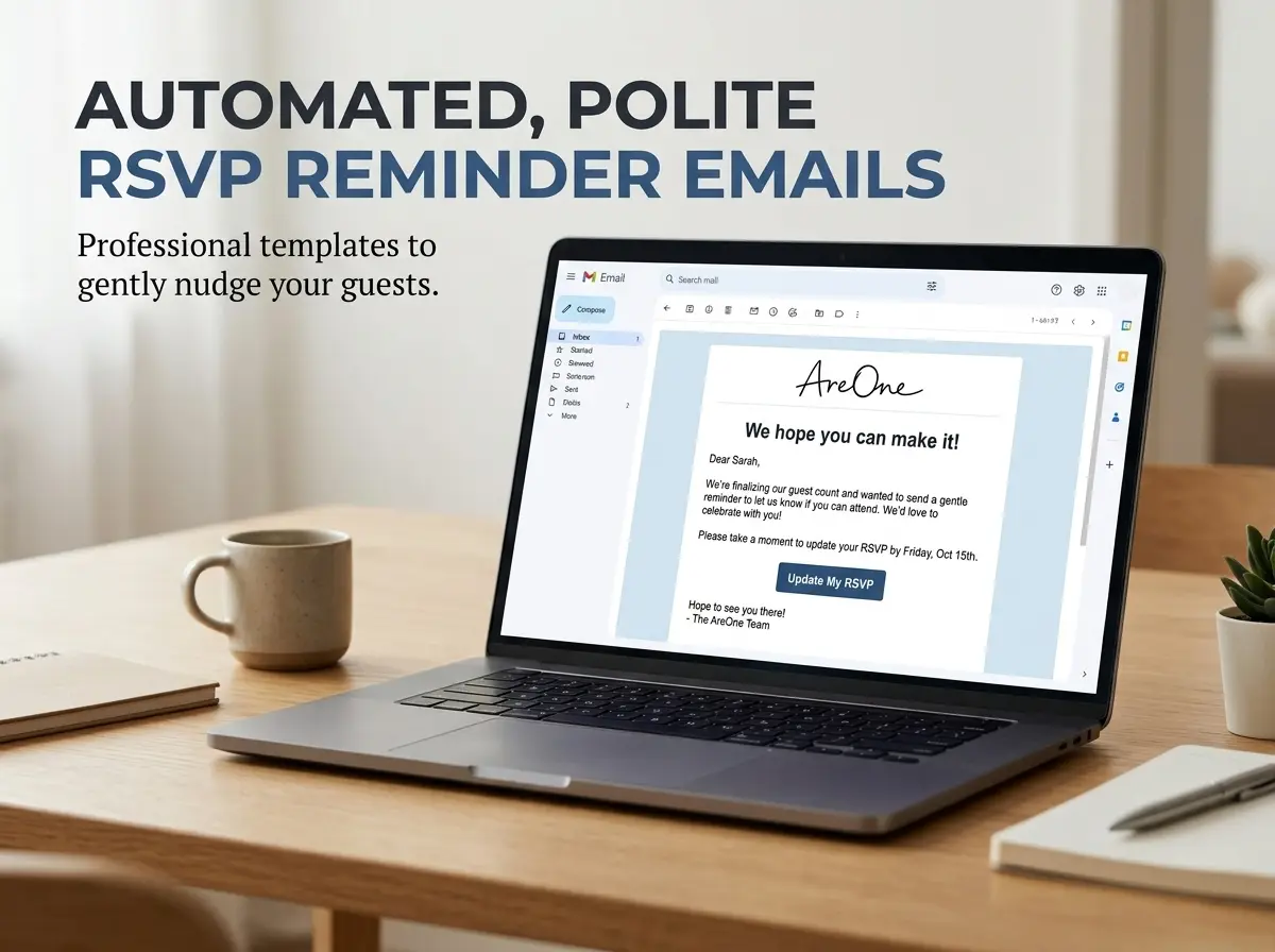 A laptop screen showing an automated email template with polite RSVP reminder wording and a button.