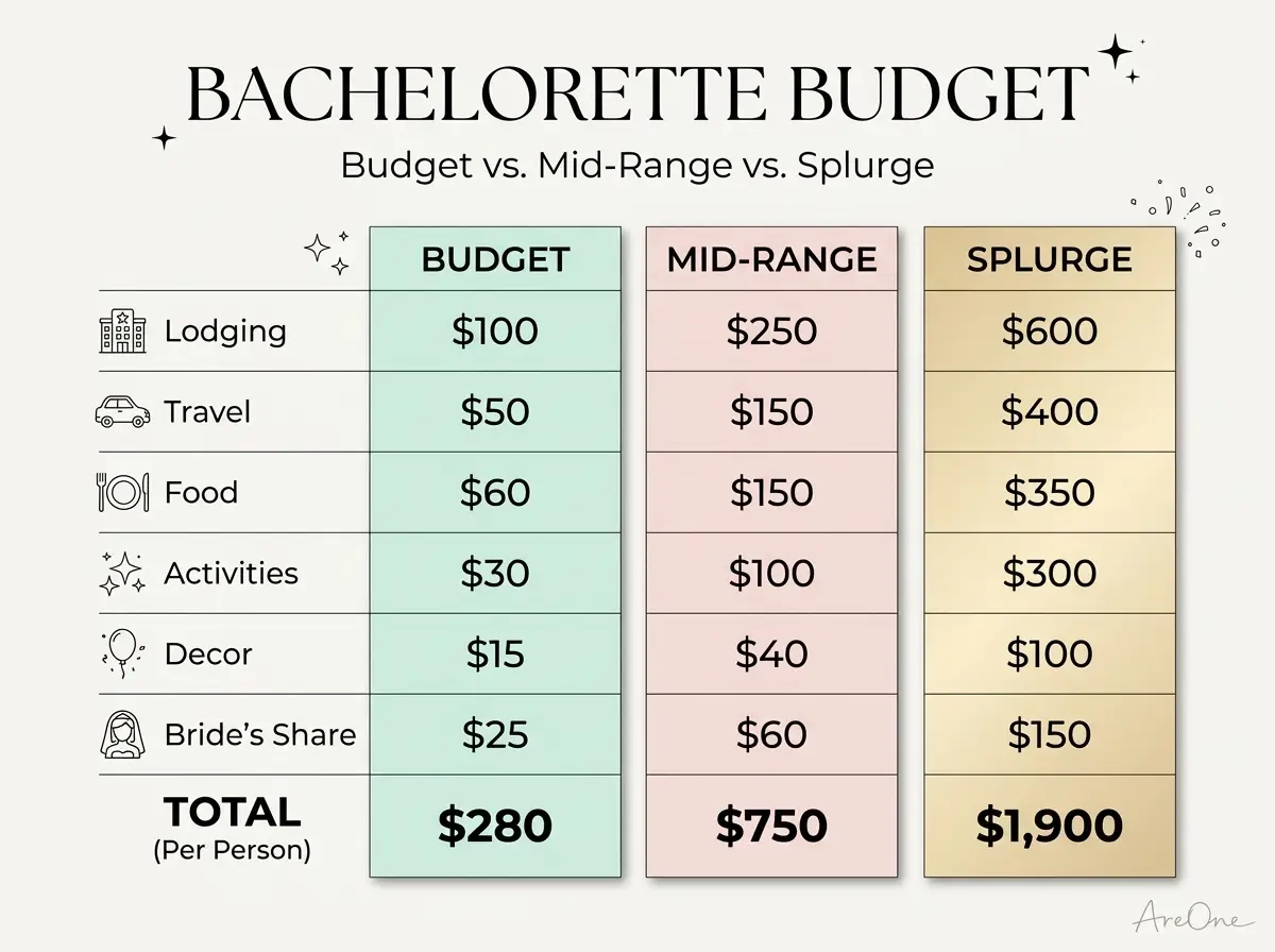 Sample bachelorette party budget breakdown table at three price levels